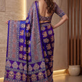Royal Blue Crape Silk Ajrak Digital Print Saree Real Mirror Work for Women