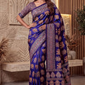 Royal Blue Crape Silk Ajrak Digital Print Saree Real Mirror Work for Women