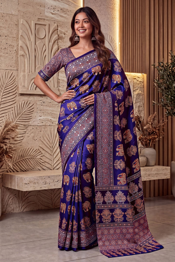 Royal Blue Crape Silk Ajrak Digital Print Saree Real Mirror Work for Women