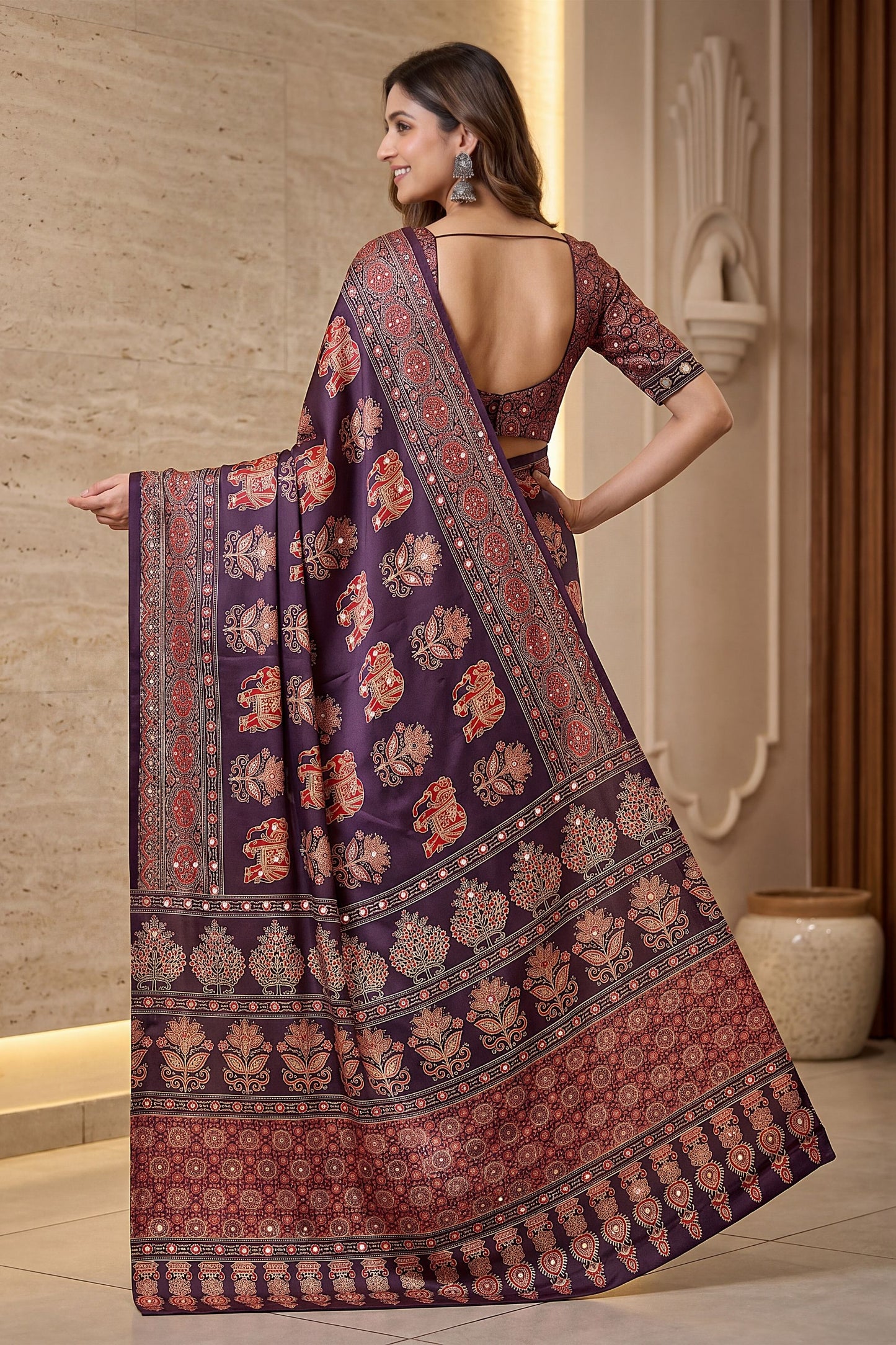 Beautiful Wine Crape Silk Ajrak Digital Print Saree Real Mirror Work for Women