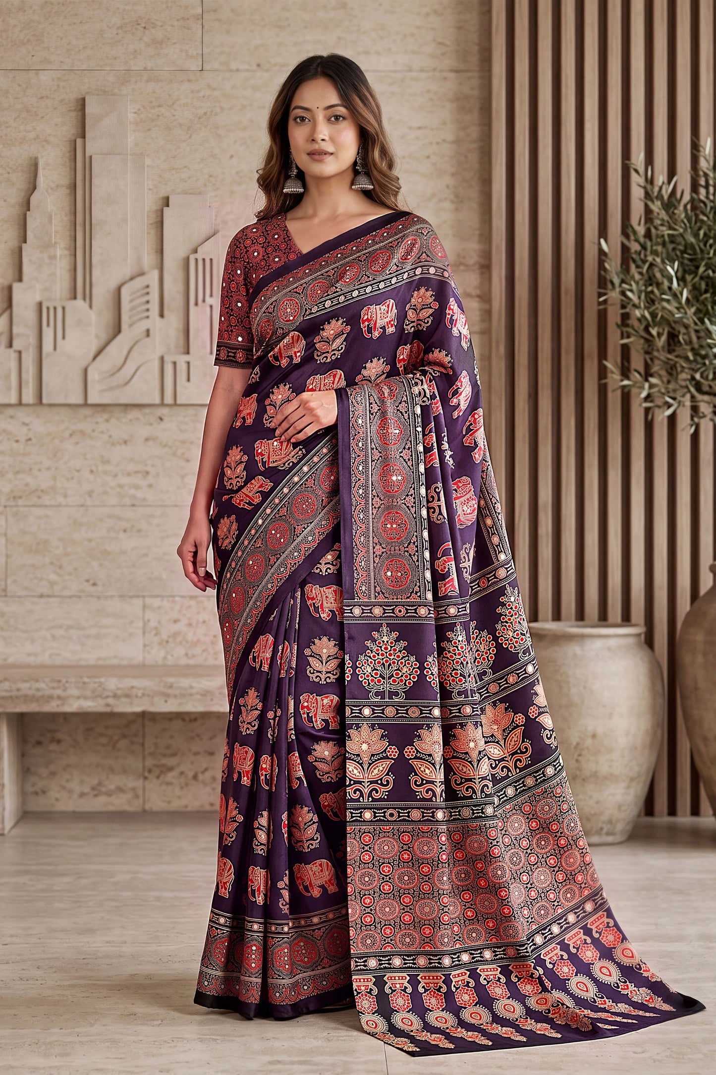 Beautiful Wine Crape Silk Ajrak Digital Print Saree Real Mirror Work for Women