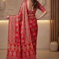Vibrant Red Crape Silk Ajrak Digital Print Saree with Real Mirror Work for Women
