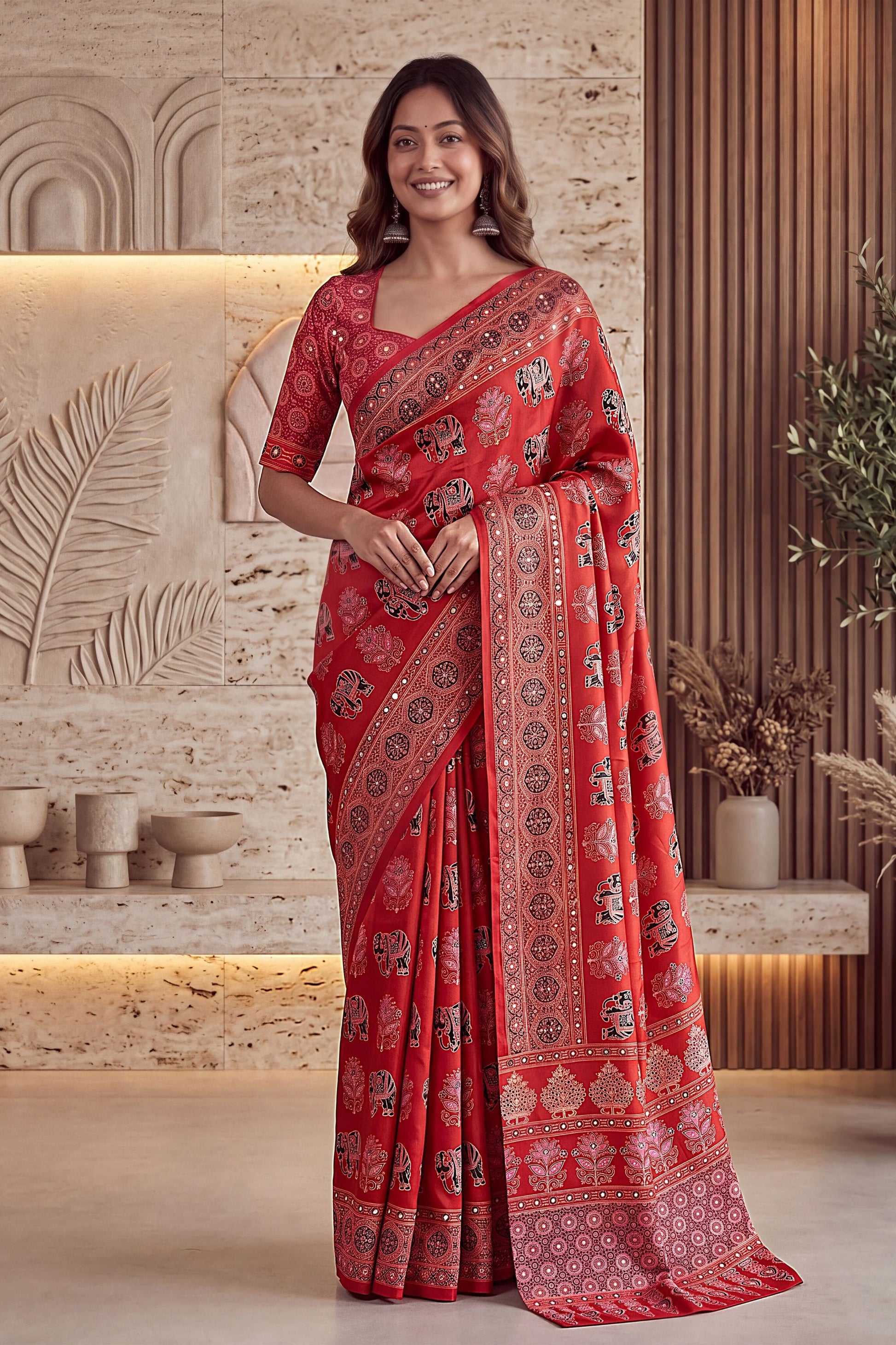 Vibrant Red Crape Silk Ajrak Digital Print Saree with Real Mirror Work for Women