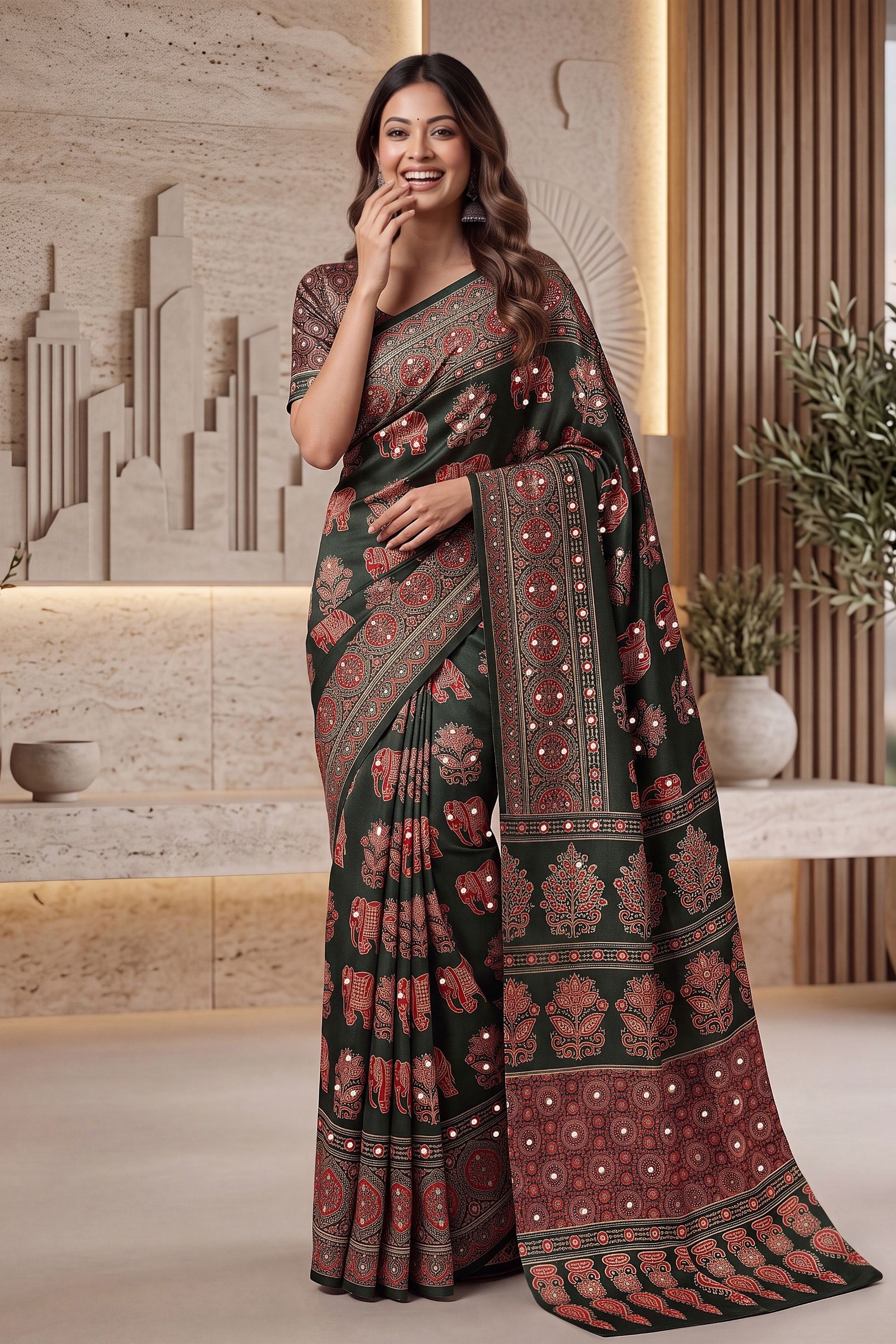 Graceful Dark Green Crape Silk Ajrak Digital Print Saree Real Mirror Work for Women