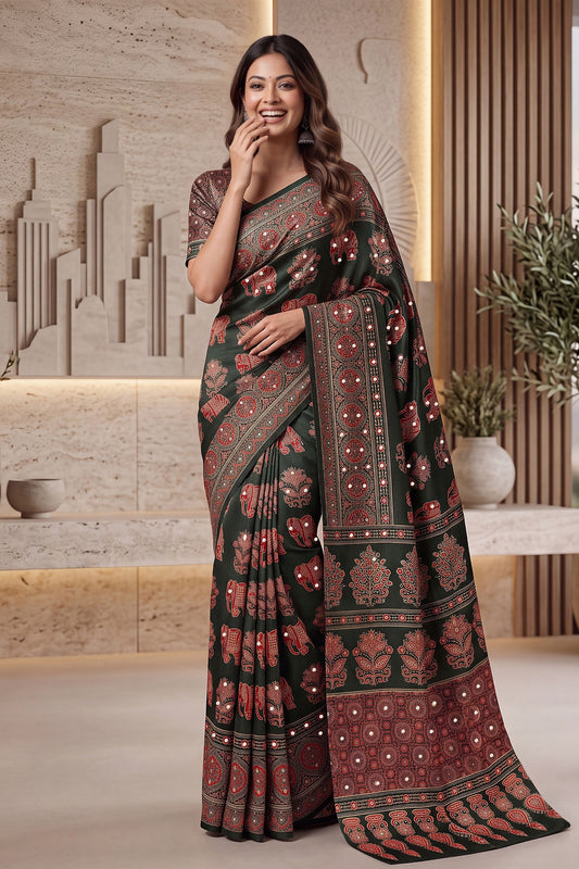 Graceful Dark Green Crape Silk Ajrak Digital Print Saree Real Mirror Work for Women