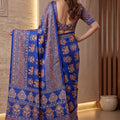 Luxury Royal Blue Crape Silk Ajrak Digital Print Saree with Real Mirror Work for Women