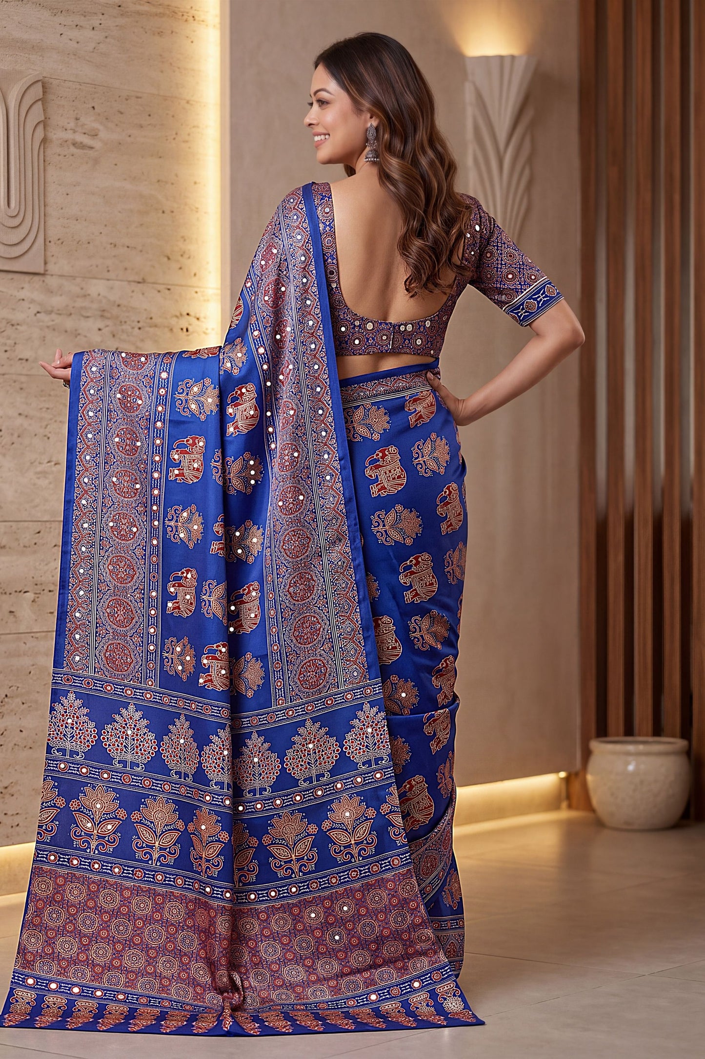 Luxury Royal Blue Crape Silk Ajrak Digital Print Saree with Real Mirror Work for Women