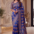 Luxury Royal Blue Crape Silk Ajrak Digital Print Saree with Real Mirror Work for Women