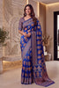 Luxury Royal Blue Crape Silk Ajrak Digital Print Saree with Real Mirror Work for Women