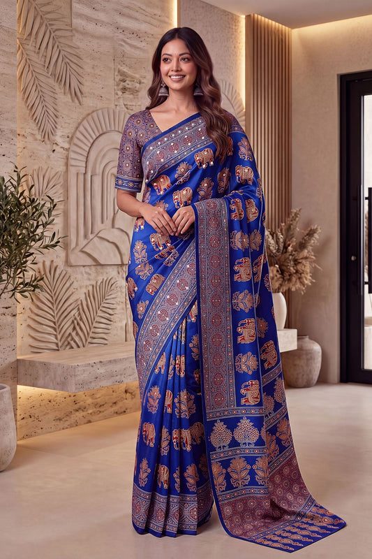 Luxury Royal Blue Crape Silk Ajrak Digital Print Saree with Real Mirror Work for Women