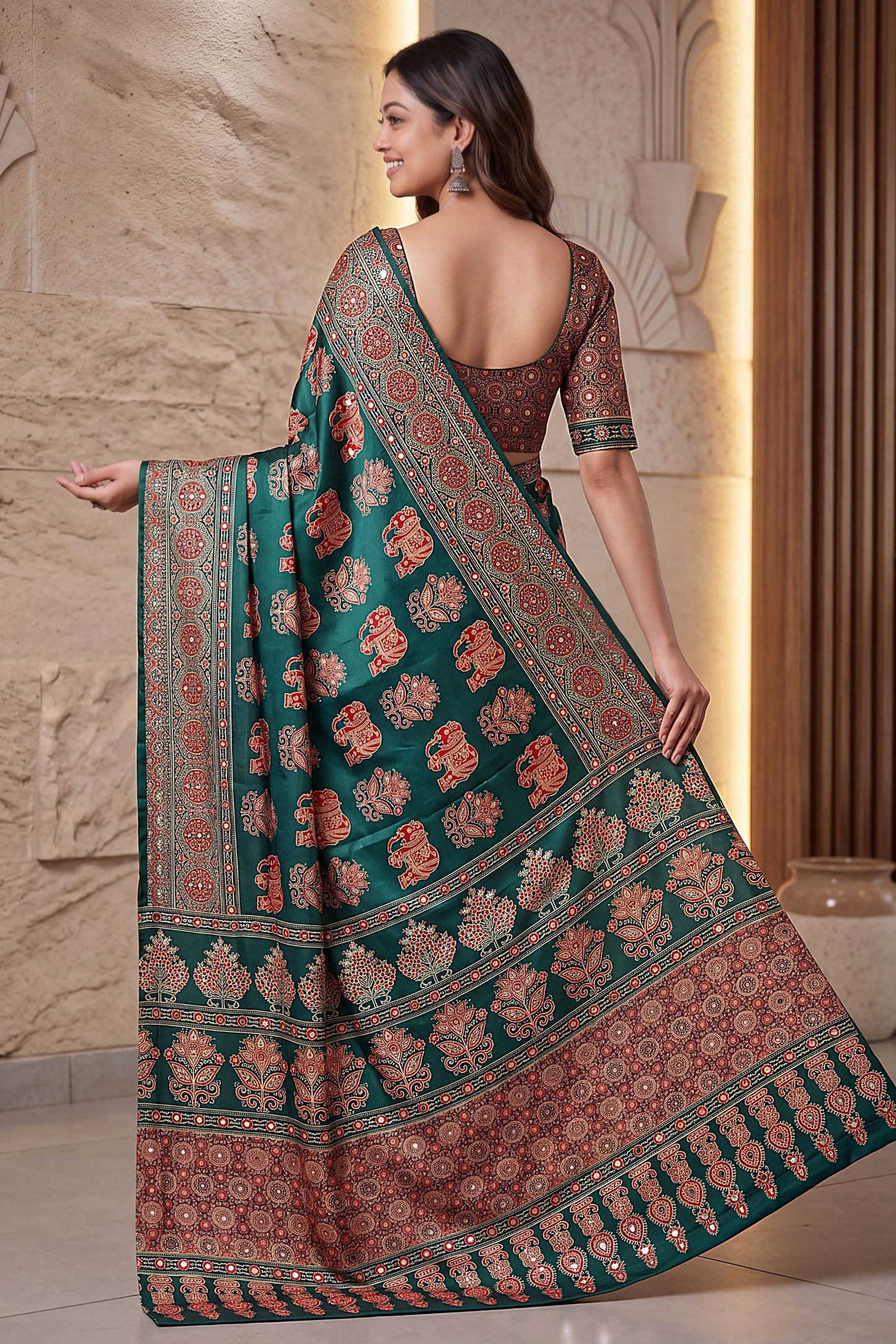 Grateful Teal Green Crape Silk Ajrak Digital Print Saree Real Mirror Work for Women