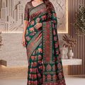 Grateful Teal Green Crape Silk Ajrak Digital Print Saree Real Mirror Work for Women
