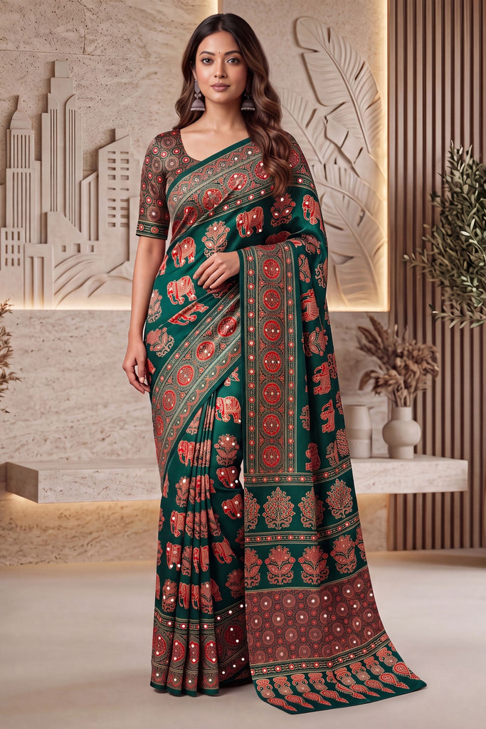 Grateful Teal Green Crape Silk Ajrak Digital Print Saree Real Mirror Work for Women