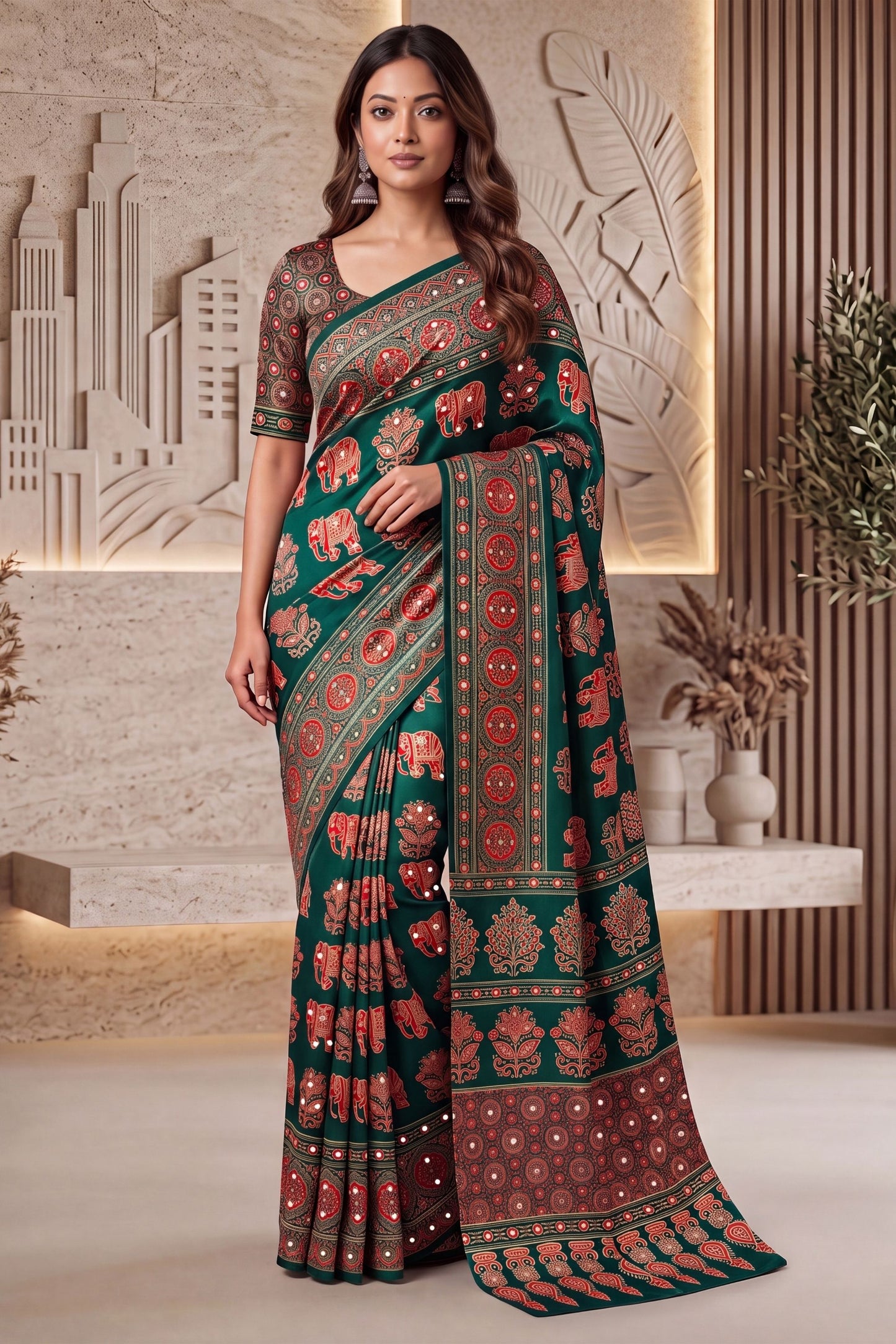 Grateful Teal Green Crape Silk Ajrak Digital Print Saree Real Mirror Work for Women