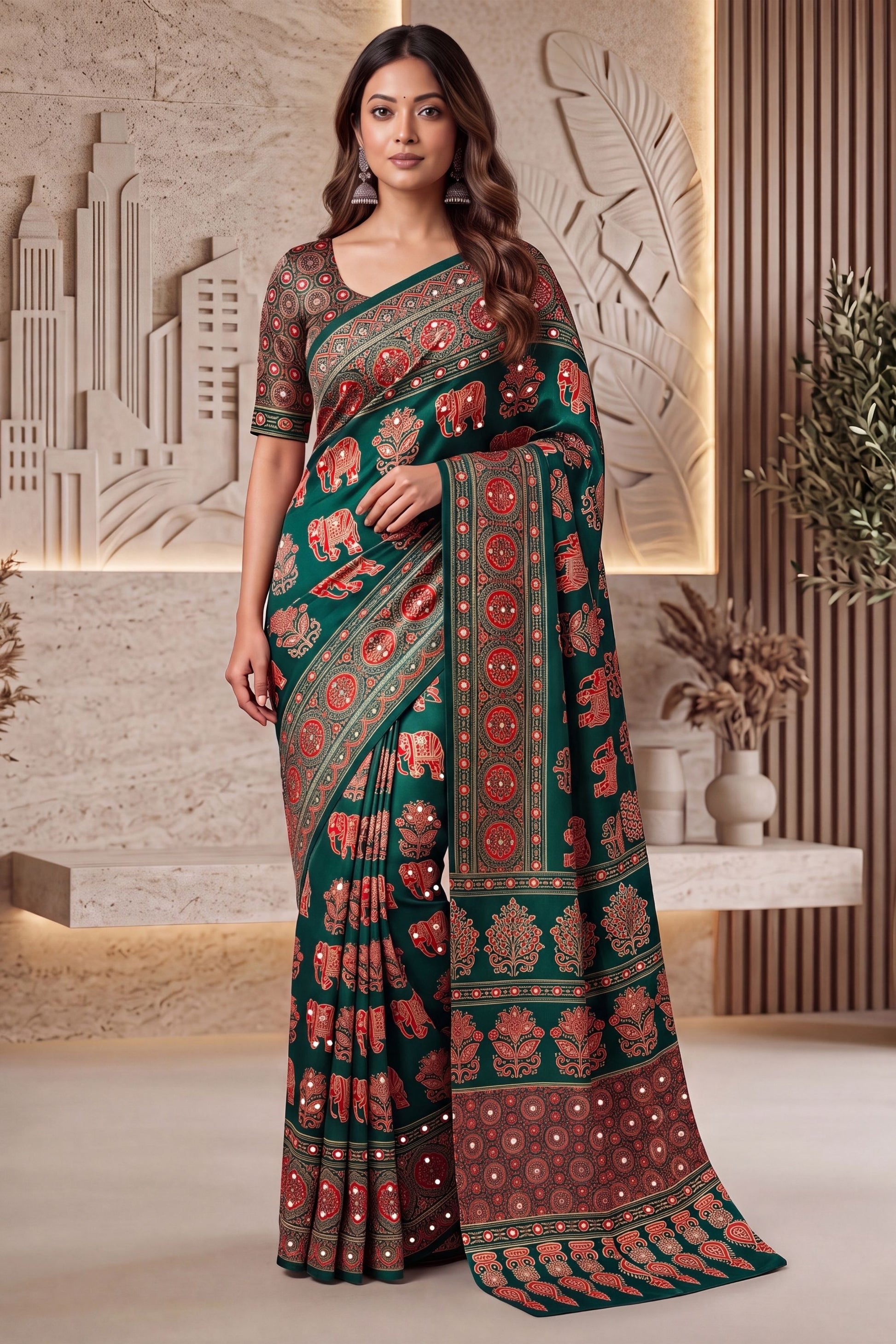 Grateful Teal Green Crape Silk Ajrak Digital Print Saree Real Mirror Work for Women