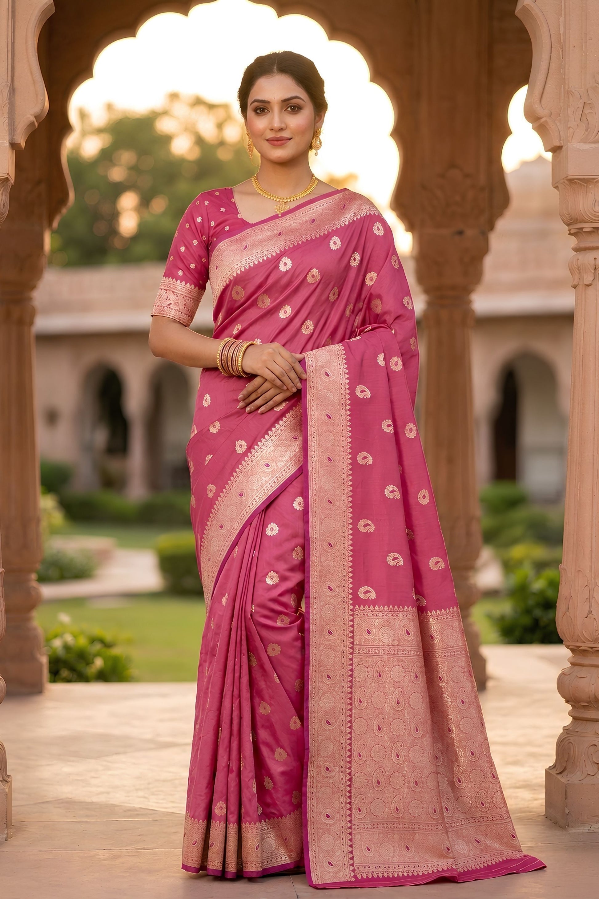 Beautiful Rani Pink Banarasi Silk Saree with Zari Weaving for Women