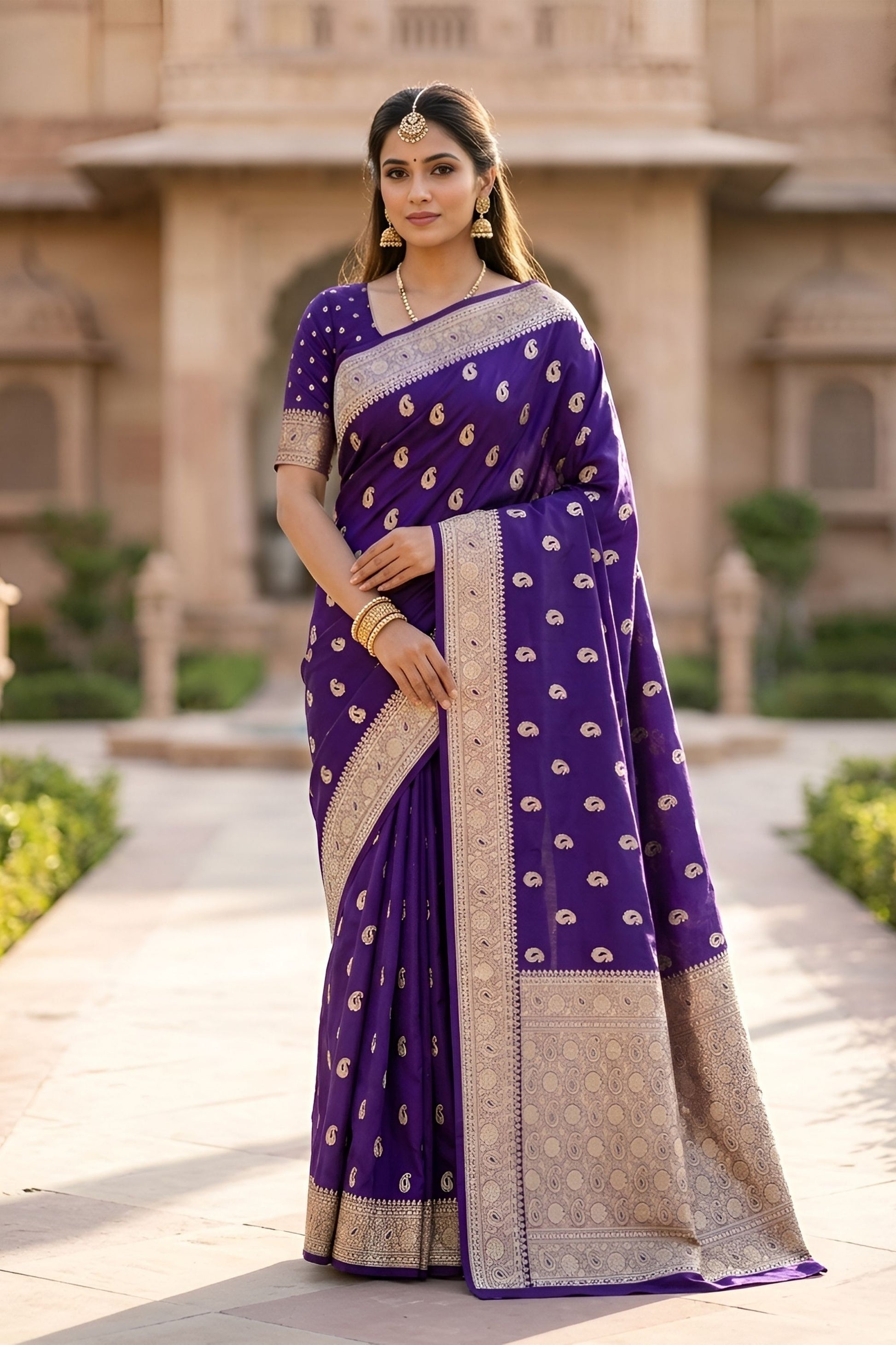 Elegant Purple Banarasi Silk Saree with Zari Weaving for Women