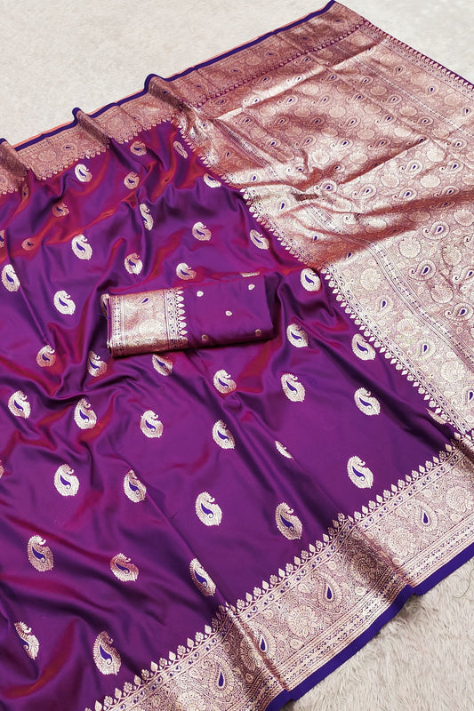 Royal Deep Purple Banarasi Silk Saree with Zari Weaving for Women