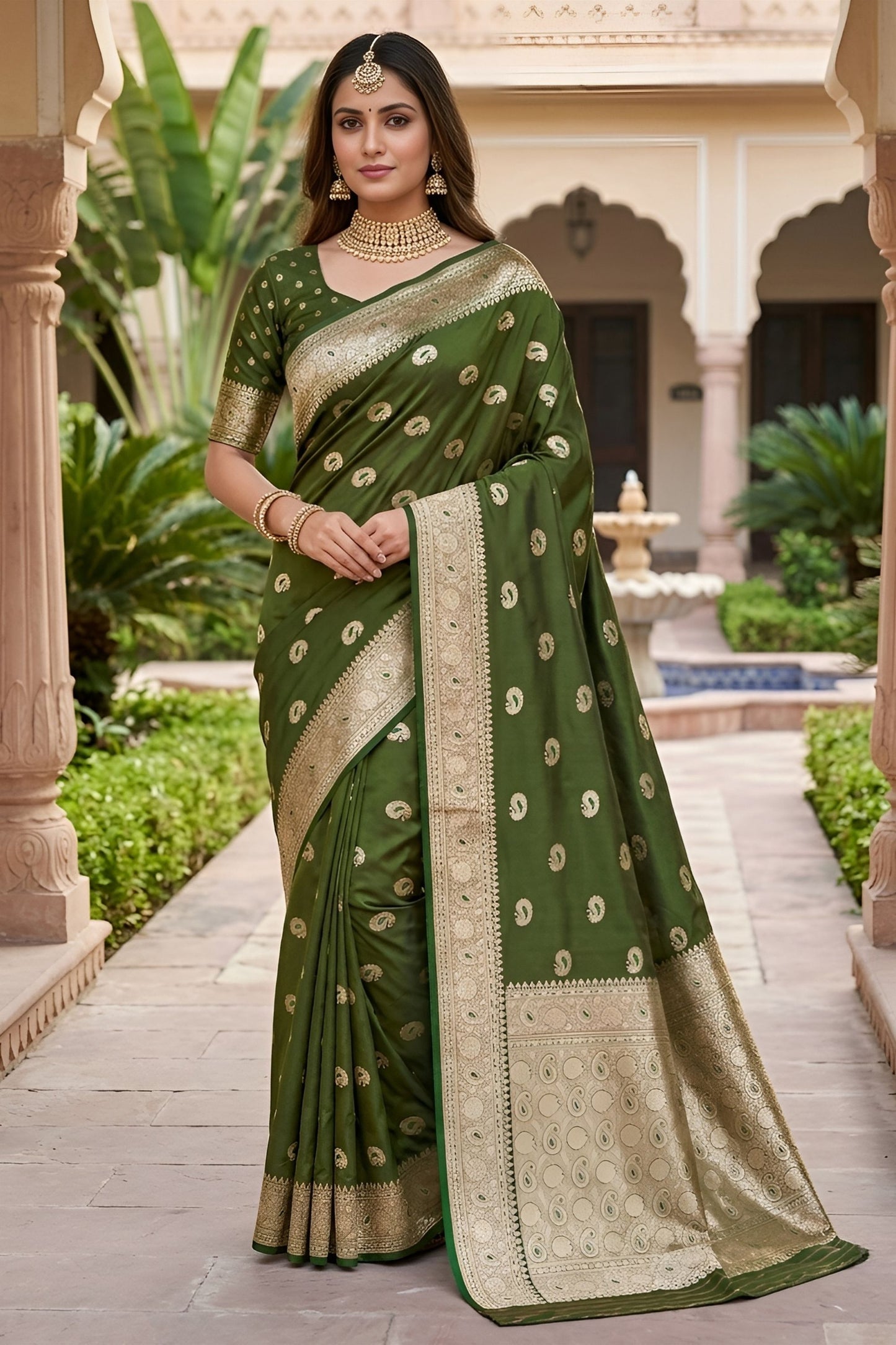 Graceful Olive Green Banarasi Silk Saree Zari Weaving for Women