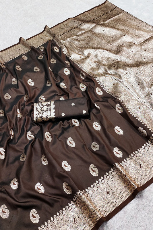 Premium Brown Banarasi Silk Saree Zari Weaving for Women