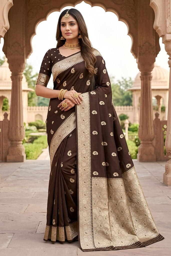 Premium Brown Banarasi Silk Saree Zari Weaving for Women
