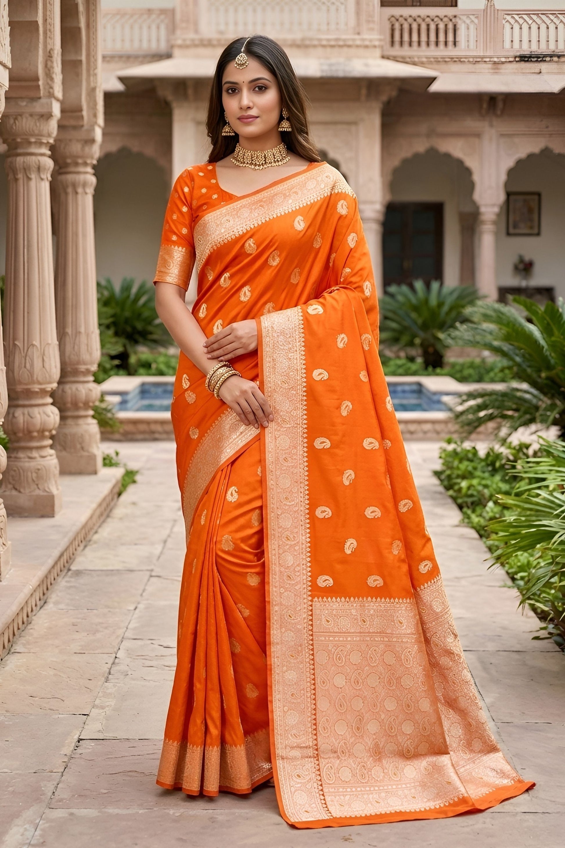 Stylish Orange Banarasi Silk Saree with Zari Weaving for Women