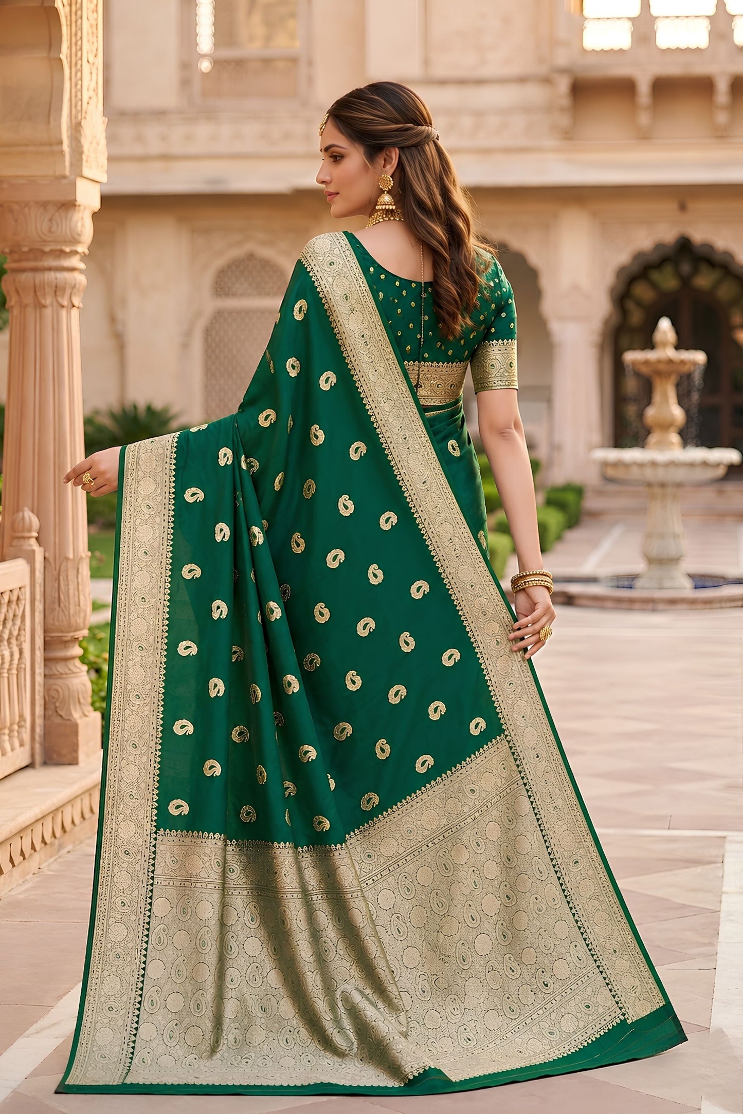 Grateful Bottle Green Banarasi Silk Saree with Zari Weaving for Women