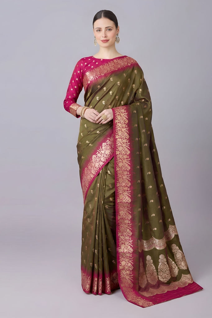 Graceful Olive Green Banarasi Silk Saree Zari Weaving for Women