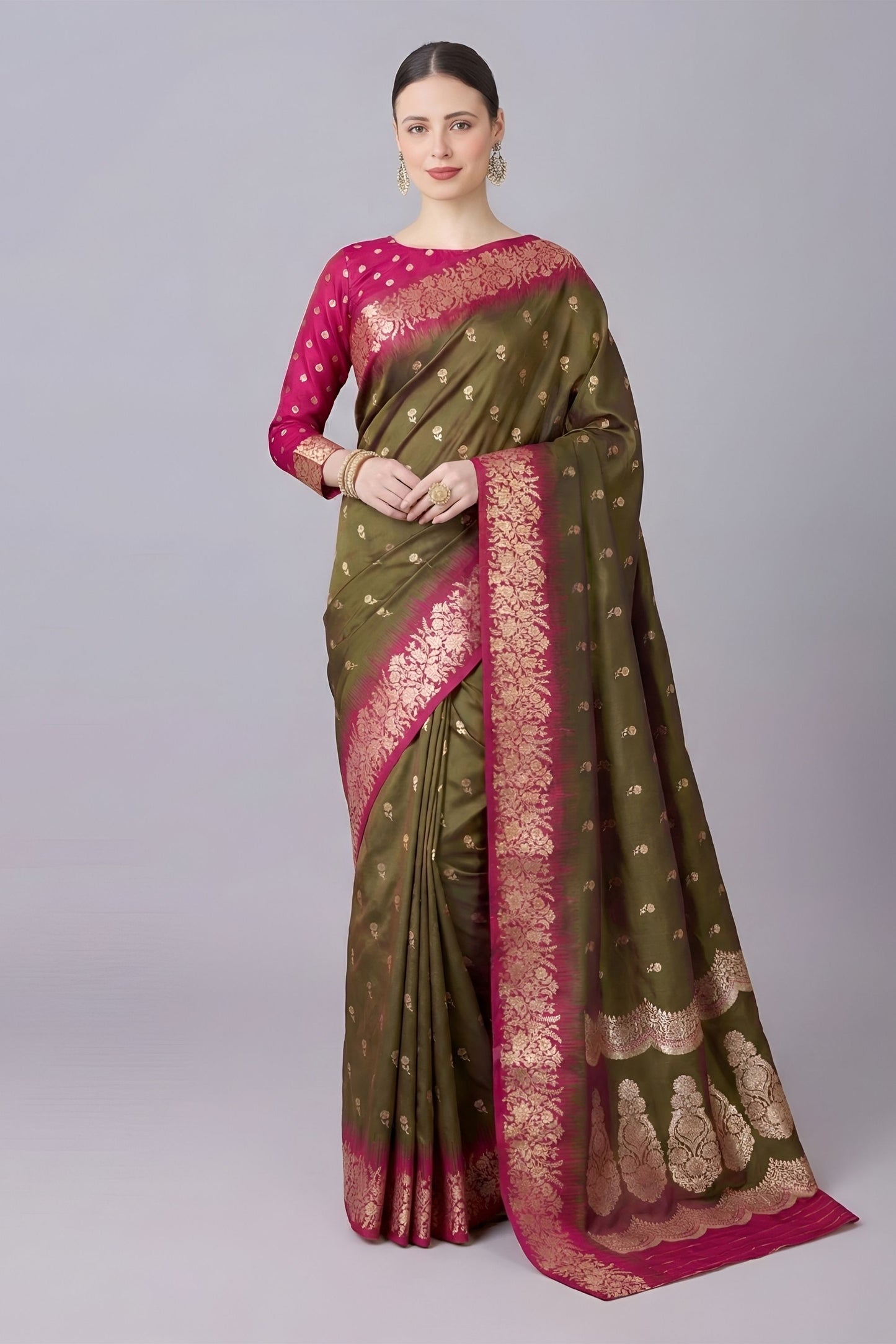 Graceful Olive Green Banarasi Silk Saree Zari Weaving for Women
