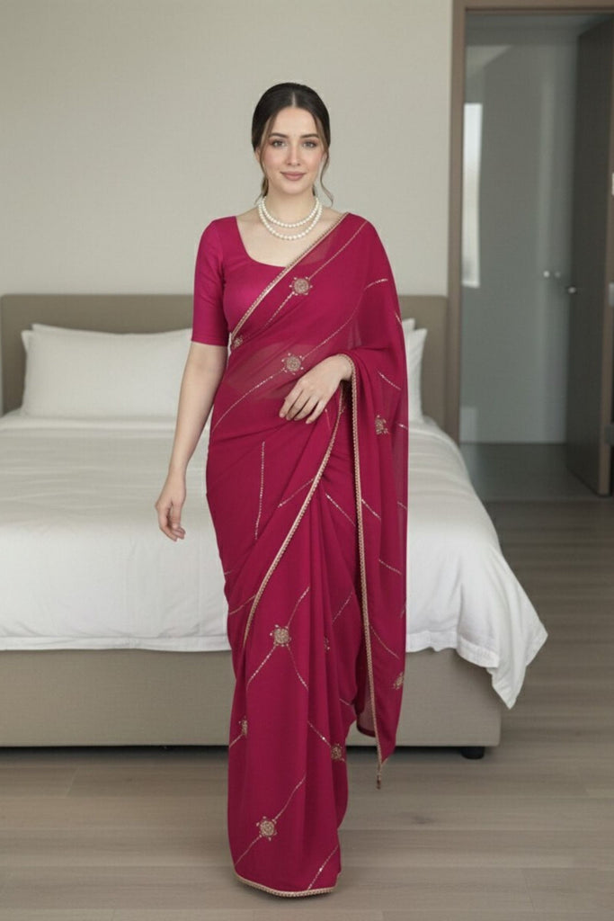 Beautiful Rani Pink Crush Rangoli Silk Saree Beads Embroidery Work for Women