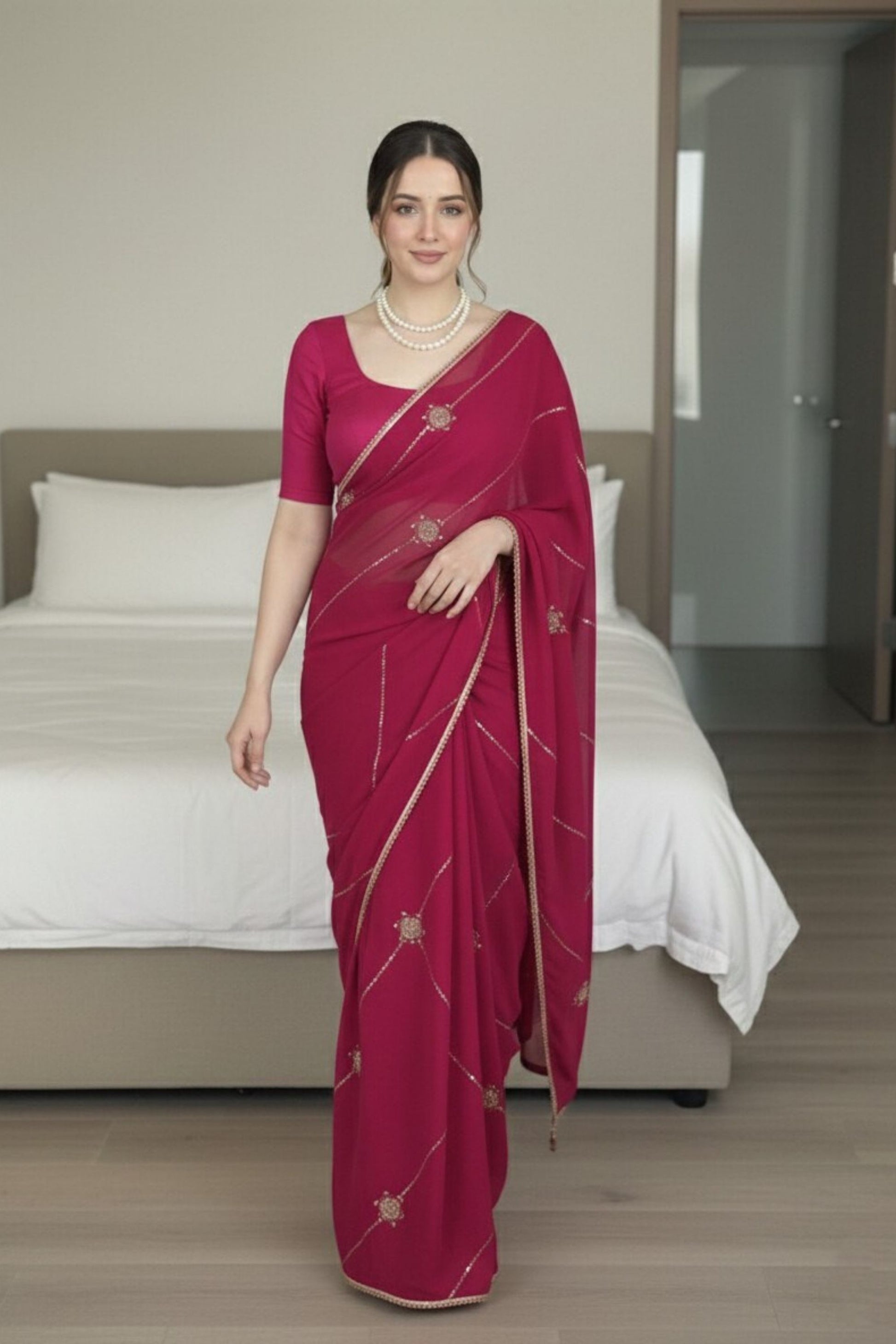 Beautiful Rani Pink Crush Rangoli Silk Saree Beads Embroidery Work for Women