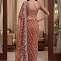 Elegant Peach Net Saree with Beads Pearls Embroidery Work for Women