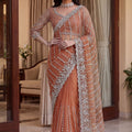 Elegant Peach Net Saree with Beads Pearls Embroidery Work for Women