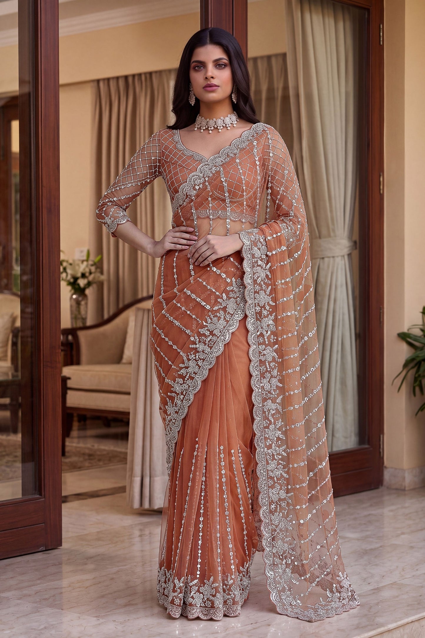 Elegant Peach Net Saree with Beads Pearls Embroidery Work for Women