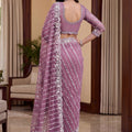 Lovely Mauve Net Saree Beads Pearls Embroidery Work for Women