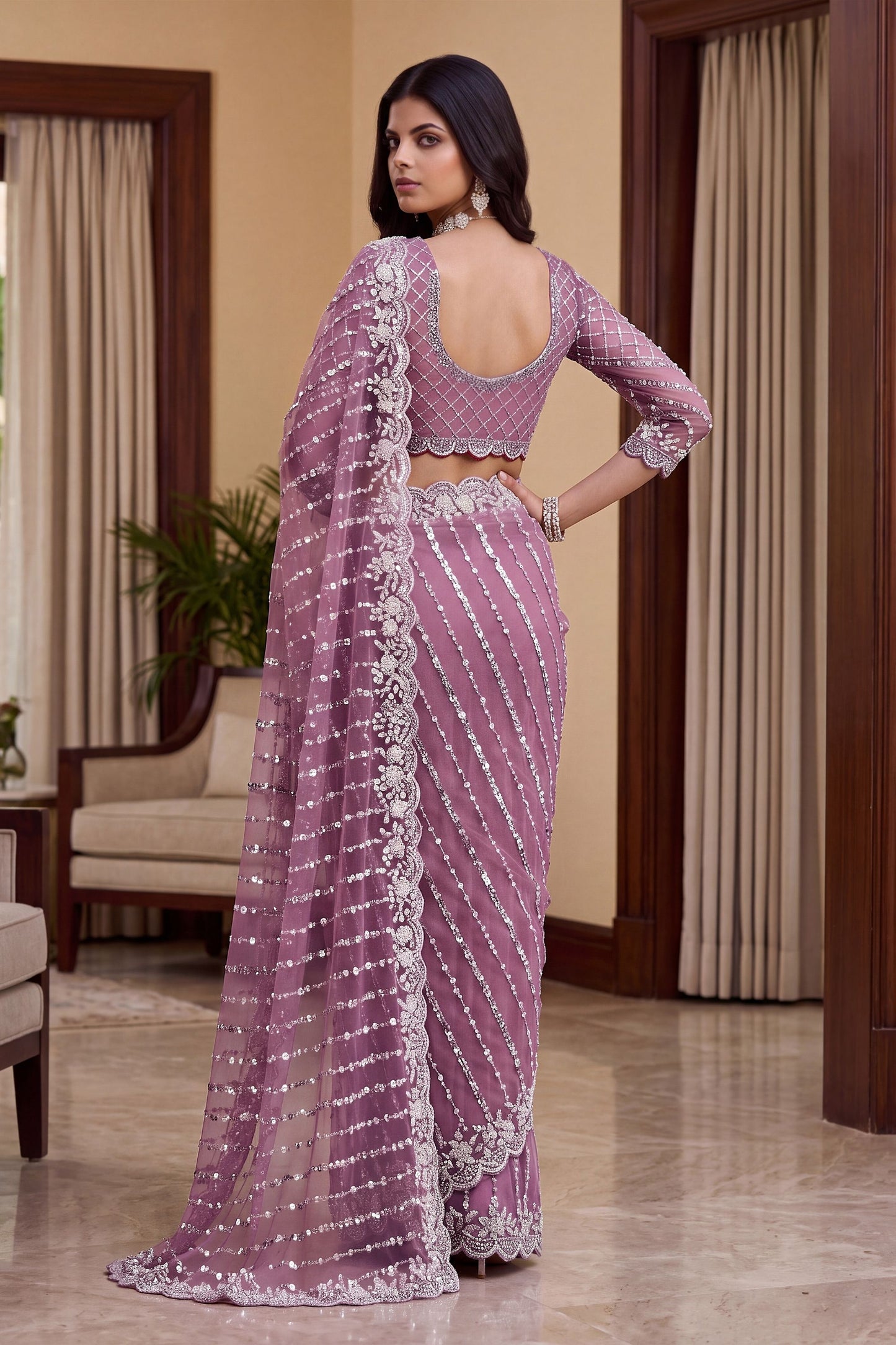 Lovely Mauve Net Saree Beads Pearls Embroidery Work for Women
