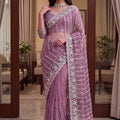 Lovely Mauve Net Saree Beads Pearls Embroidery Work for Women