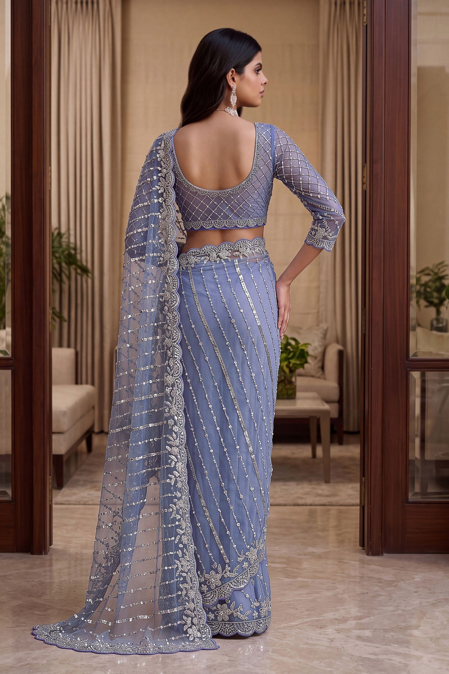 Stunning Blue Net Saree with Beads  Pearls Embroidery Work for Women