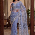 Stunning Blue Net Saree with Beads  Pearls Embroidery Work for Women