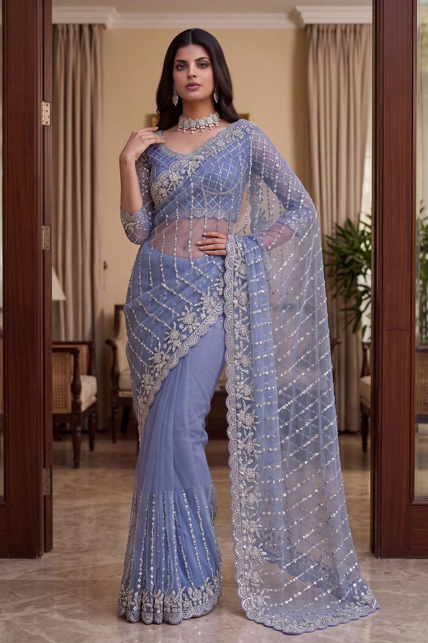Stunning Blue Net Saree with Beads  Pearls Embroidery Work for Women