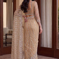 Premium Beige Net Saree Beads Pearls Embroidery Work for Women