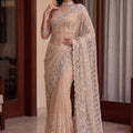 Premium Beige Net Saree Beads Pearls Embroidery Work for Women
