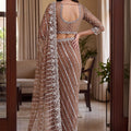Stylish Brown Net Saree Beads Pearls Embroidery Work for Women