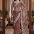 Stylish Brown Net Saree Beads Pearls Embroidery Work for Women