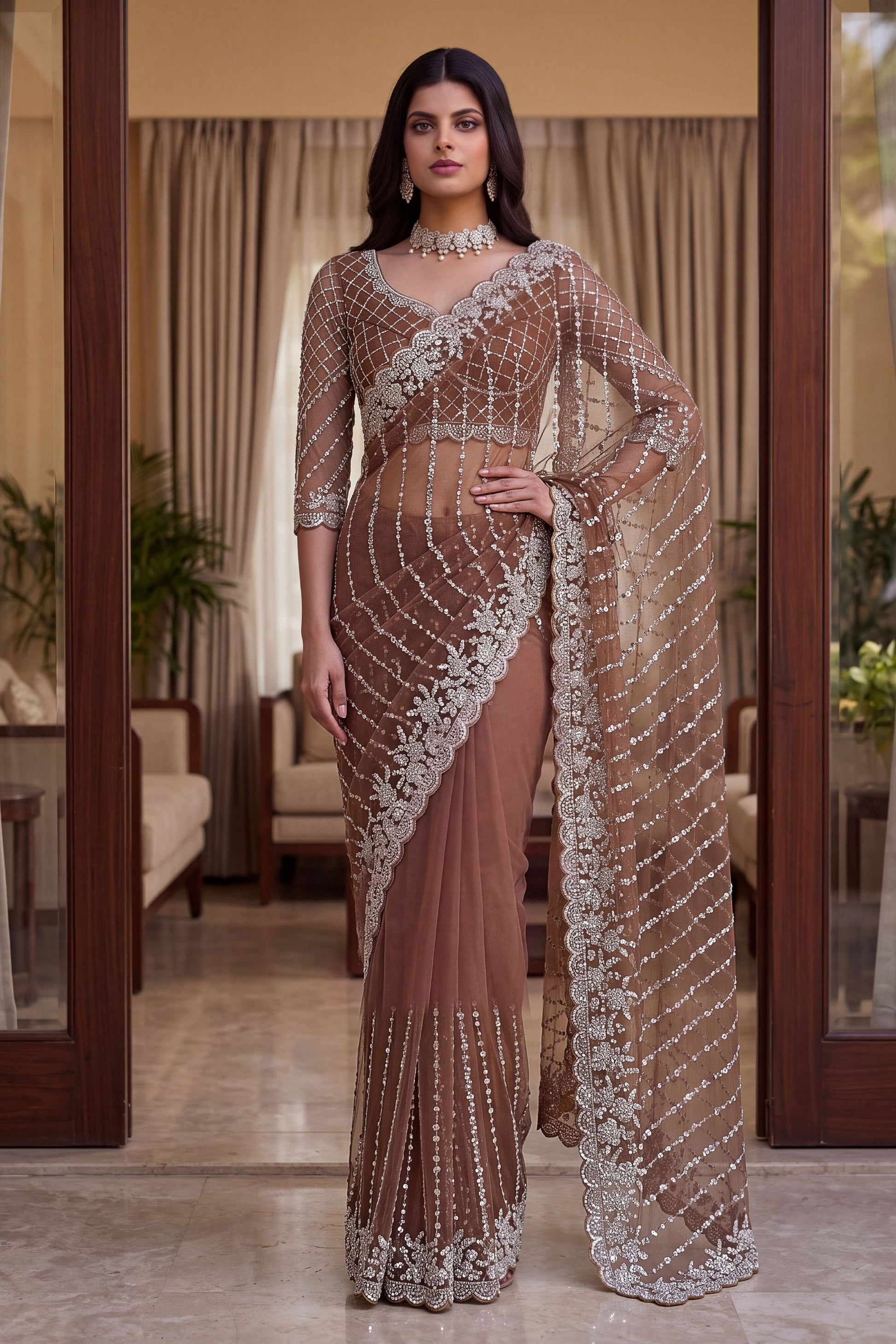 Stylish Brown Net Saree Beads Pearls Embroidery Work for Women
