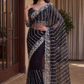 Stylish Black Net Saree Beads Pearls Embroidery Work for Women