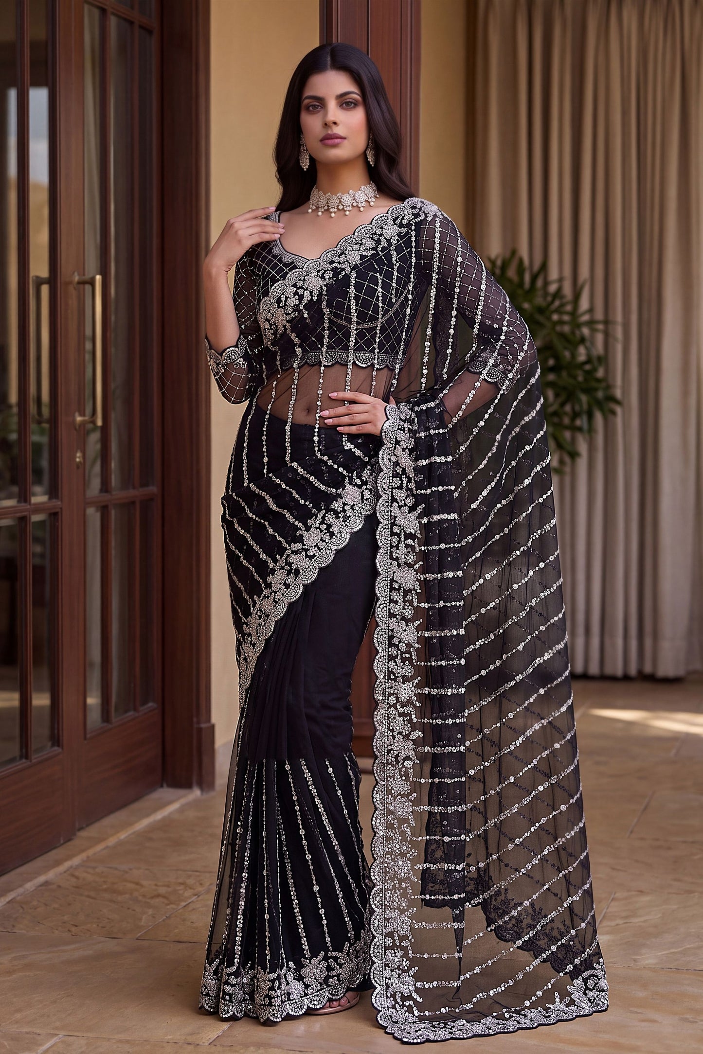 Stylish Black Net Saree Beads Pearls Embroidery Work for Women