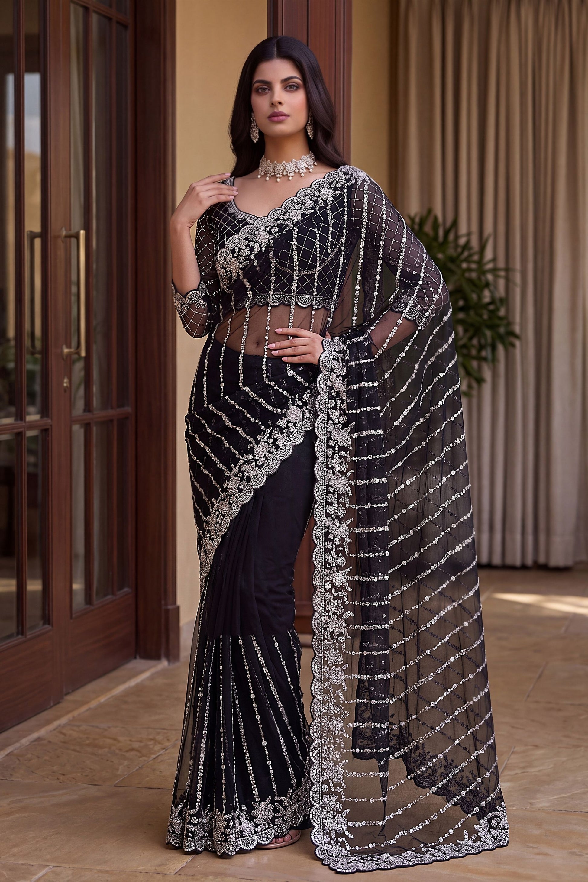 Stylish Black Net Saree Beads Pearls Embroidery Work for Women
