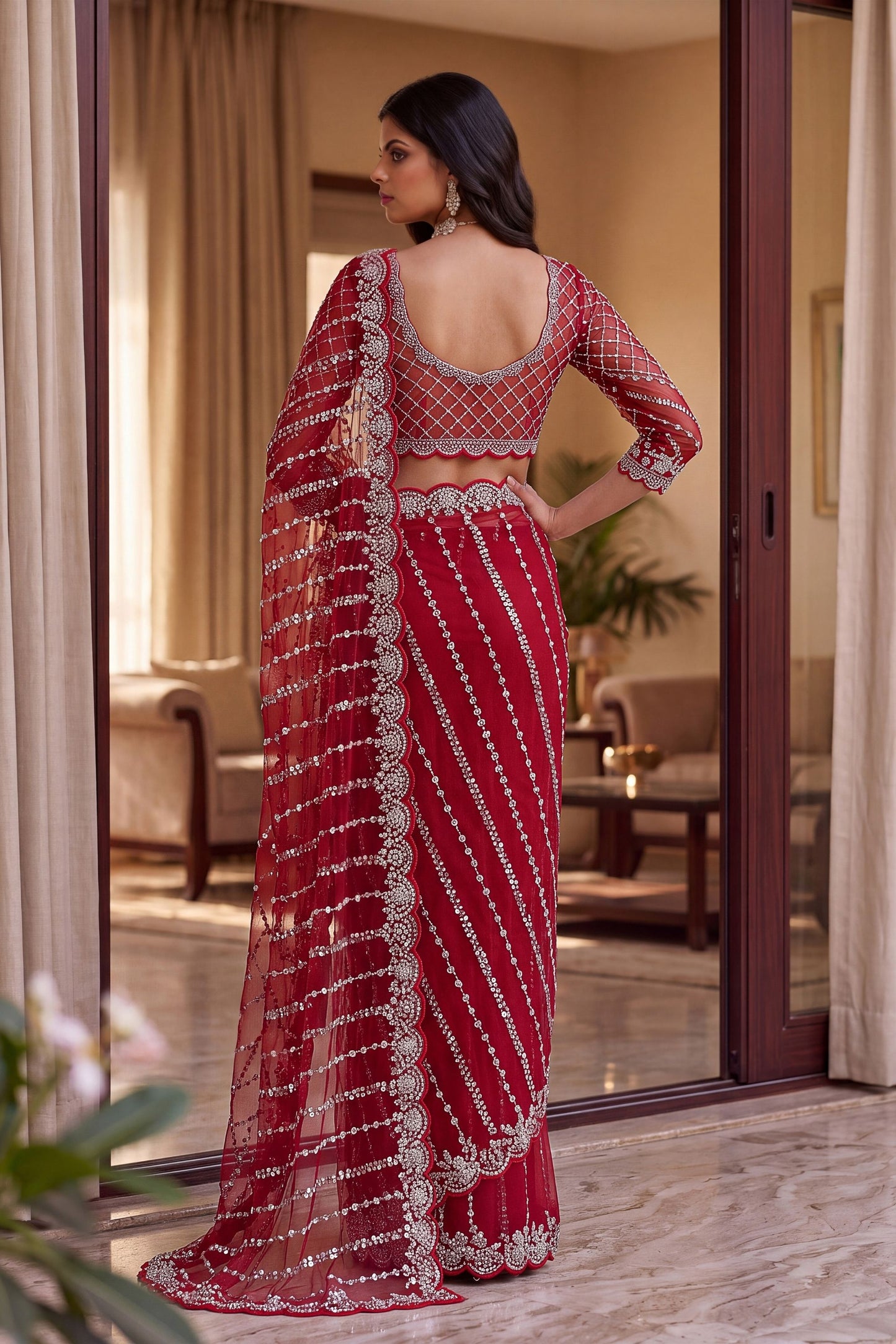 Stunning Red Net Saree Beads Pearls Embroidery Work for Women