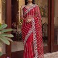 Stunning Red Net Saree Beads Pearls Embroidery Work for Women
